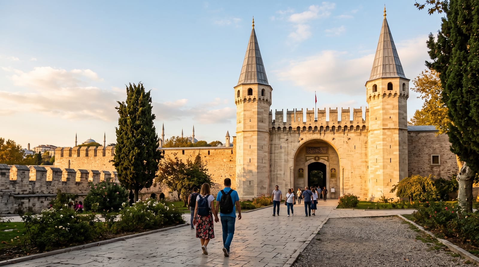 Gate of Salutation at Topkapı Palace with its twin conical towers under warm evening light, Istanbul